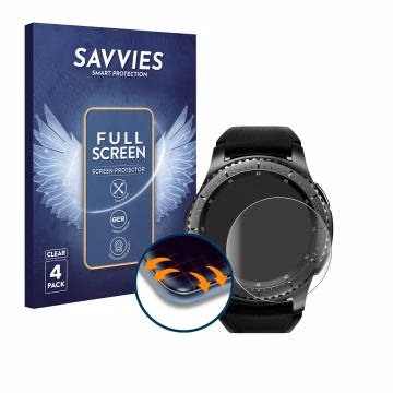 Face avant d’un emballage produit avec le logo de la marque Savvies. À côté, l’appareil Samsung Gear S3 Frontier est représent