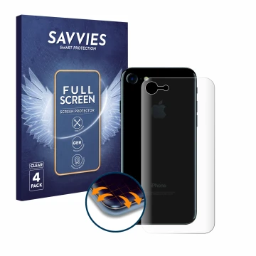 Face avant d’un emballage produit avec le logo de la marque Savvies. À côté, l’appareil Apple iPhone 7 Le dos (toute la surfac