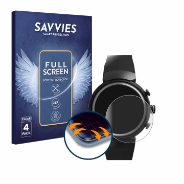 Face avant d’un emballage produit avec le logo de la marque Savvies. À côté, l’appareil ASUS ZenWatch 3 1.39