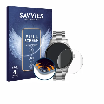 Face avant d’un emballage produit avec le logo de la marque Savvies. À côté, l’appareil Fossil Q Marshal (2.Gen) est représent