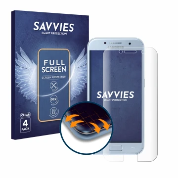 Face avant d’un emballage produit avec le logo de la marque Savvies. À côté, l’appareil Samsung Galaxy A5 2017 est représenté 