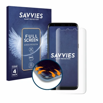 Face avant d’un emballage produit avec le logo de la marque Savvies. À côté, l’appareil Samsung Galaxy S8 est représenté avec 