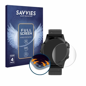 Face avant d’un emballage produit avec le logo de la marque Savvies. À côté, l’appareil Garmin Fenix 5 (47 mm) est représenté 