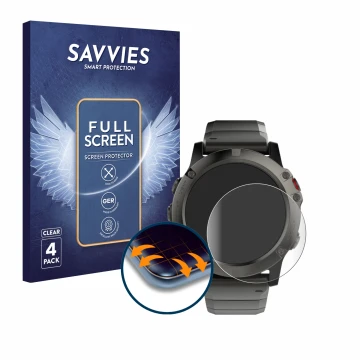 Face avant d’un emballage produit avec le logo de la marque Savvies. À côté, l’appareil Garmin Fenix 5X (51 mm) est représenté