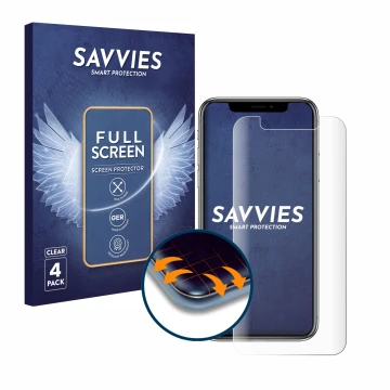 Face avant d’un emballage produit avec le logo de la marque Savvies. À côté, l’appareil Apple iPhone X est représenté avec la 