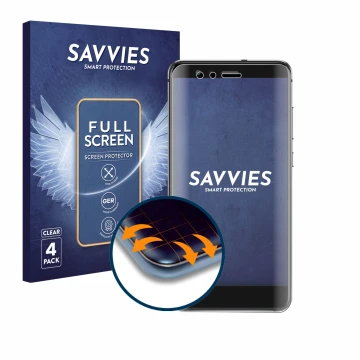 Face avant d’un emballage produit avec le logo de la marque Savvies. À côté, l’appareil Huawei P10 Lite est représenté avec la