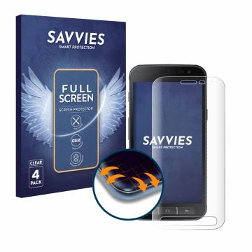 Face avant d’un emballage produit avec le logo de la marque Savvies. À côté, l’appareil Samsung Galaxy XCover 4 est représenté