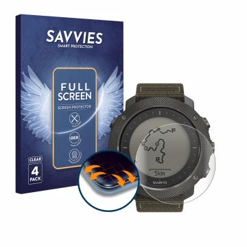 Face avant d’un emballage produit avec le logo de la marque Savvies. À côté, l’appareil Suunto Traverse Alpha est représenté a