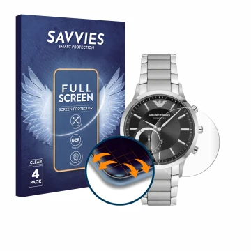 Face avant d’un emballage produit avec le logo de la marque Savvies. À côté, l’appareil Emporio Armani Connected Smartwatch Hy