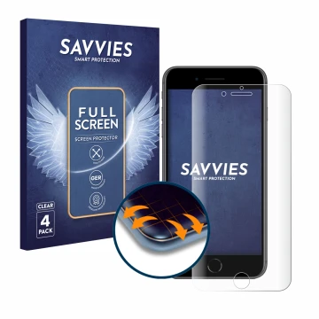 Face avant d’un emballage produit avec le logo de la marque Savvies. À côté, l’appareil Apple iPhone 8 Plus est représenté ave