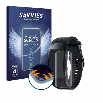 Face avant d’un emballage produit avec le logo de la marque Savvies. À côté, l’appareil Samsung Gear Fit 2 Pro est représenté 
