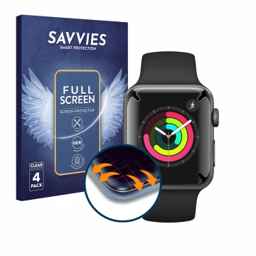 Face avant d’un emballage produit avec le logo de la marque Savvies. À côté, l’appareil Apple Watch Series 3 (42 mm) est repré