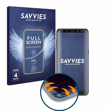 Face avant d’un emballage produit avec le logo de la marque Savvies. À côté, l’appareil Samsung Galaxy A8 2018 est représenté 