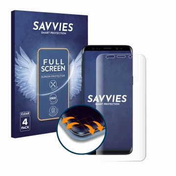 Face avant d’un emballage produit avec le logo de la marque Savvies. À côté, l’appareil Samsung Galaxy S9 est représenté avec 
