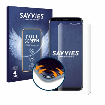 Face avant d’un emballage produit avec le logo de la marque Savvies. À côté, l’appareil Samsung Galaxy S9 Plus est représenté 