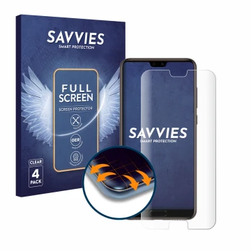 Face avant d’un emballage produit avec le logo de la marque Savvies. À côté, l’appareil Huawei P20 est représenté avec la prot