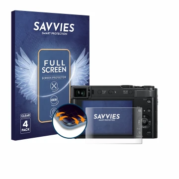 Face avant d’un emballage produit avec le logo de la marque Savvies. À côté, l’appareil Panasonic Lumix DC-TZ202 est représent