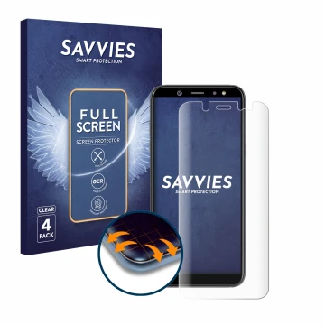 Face avant d’un emballage produit avec le logo de la marque Savvies. À côté, l’appareil Samsung Galaxy A6 2018 est représenté 