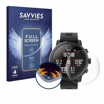 Face avant d’un emballage produit avec le logo de la marque Savvies. À côté, l’appareil Huami Amazfit Stratos 2 est représenté