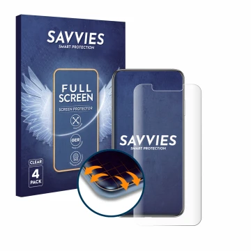 Face avant d’un emballage produit avec le logo de la marque Savvies. À côté, l’appareil Apple iPhone Xs Max est représenté ave