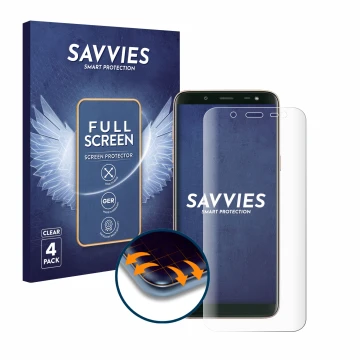 Face avant d’un emballage produit avec le logo de la marque Savvies. À côté, l’appareil Samsung Galaxy J6 2018 est représenté 