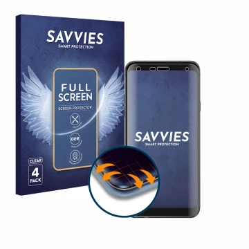 Face avant d’un emballage produit avec le logo de la marque Savvies. À côté, l’appareil LG Q7 est représenté avec la protectio