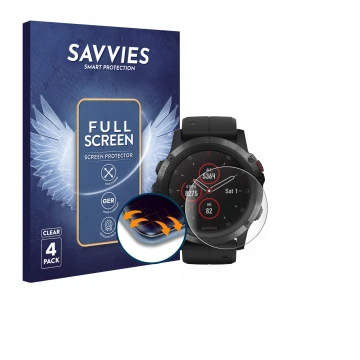 Face avant d’un emballage produit avec le logo de la marque Savvies. À côté, l’appareil Garmin Fenix 5X Plus (51 mm) est repré