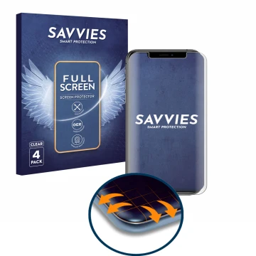 Face avant d’un emballage produit avec le logo de la marque Savvies. À côté, l’appareil Apple iPhone Xs est représenté avec la