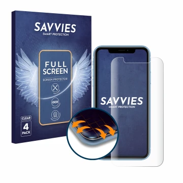 Face avant d’un emballage produit avec le logo de la marque Savvies. À côté, l’appareil Apple iPhone XR est représenté avec la