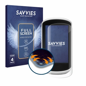 Face avant d’un emballage produit avec le logo de la marque Savvies. À côté, l’appareil Garmin Edge Explore 2018 est représent
