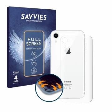 Face avant d’un emballage produit avec le logo de la marque Savvies. À côté, l’appareil Apple iPhone XR (Le dos) est représent