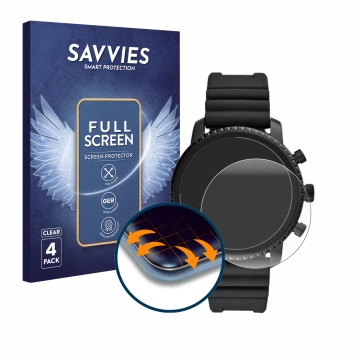 Face avant d’un emballage produit avec le logo de la marque Savvies. À côté, l’appareil Fossil Q Explorist HR (4.Gen) est repr