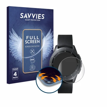 Face avant d’un emballage produit avec le logo de la marque Savvies. À côté, l’appareil Samsung Galaxy Watch (42 mm) est repré