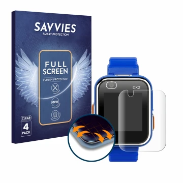 Face avant d’un emballage produit avec le logo de la marque Savvies. À côté, l’appareil Vtech Kidizoom Smart Watch DX2 est rep