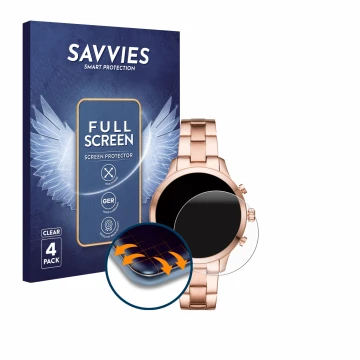 Face avant d’un emballage produit avec le logo de la marque Savvies. À côté, l’appareil Michael Kors Access Runway (41 mm) est