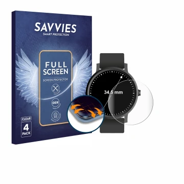 Face avant d’un emballage produit avec le logo de la marque Savvies. À côté, l’appareil Montres (Circulaire, ø: 34.5 mm) est r