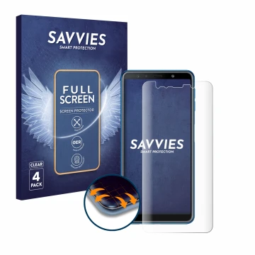 Face avant d’un emballage produit avec le logo de la marque Savvies. À côté, l’appareil Samsung Galaxy A7 2018 est représenté 