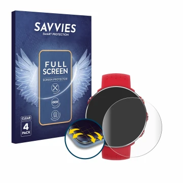 Face avant d’un emballage produit avec le logo de la marque Savvies. À côté, l’appareil Polar Vantage M est représenté avec la