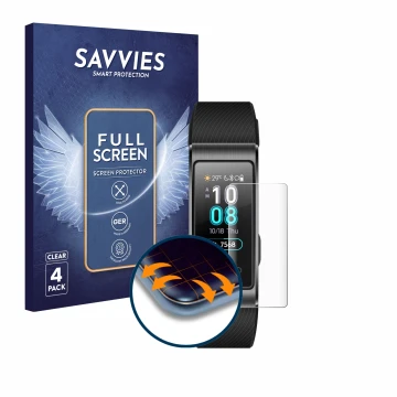 Face avant d’un emballage produit avec le logo de la marque Savvies. À côté, l’appareil Huawei Band 3 Pro est représenté avec 