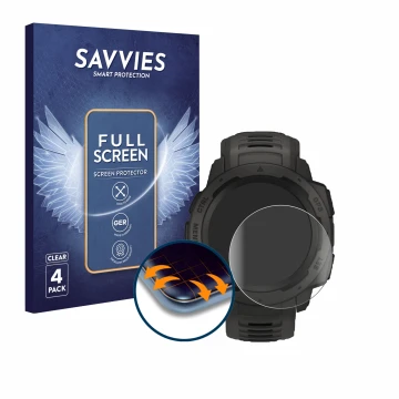 Face avant d’un emballage produit avec le logo de la marque Savvies. À côté, l’appareil Garmin Instinct est représenté avec la