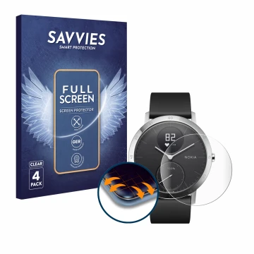 Face avant d’un emballage produit avec le logo de la marque Savvies. À côté, l’appareil Withings Steel HR (40 mm) est représen