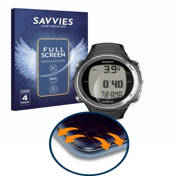Face avant d’un emballage produit avec le logo de la marque Savvies. À côté, l’appareil Suunto D4F est représenté avec la prot