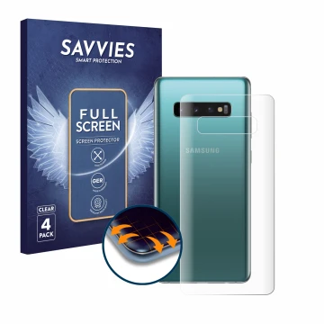 Face avant d’un emballage produit avec le logo de la marque Savvies. À côté, l’appareil Samsung Galaxy S10 Plus (Arrière) est 