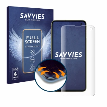 Face avant d’un emballage produit avec le logo de la marque Savvies. À côté, l’appareil Samsung Galaxy S10e est représenté ave