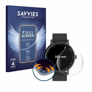 Face avant d’un emballage produit avec le logo de la marque Savvies. À côté, l’appareil Circulaire Displays (ø: 25 mm) est rep