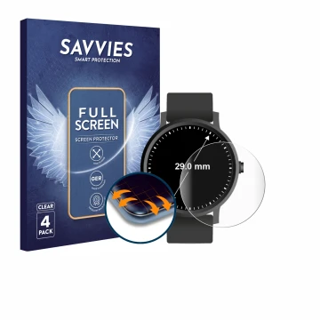 Face avant d’un emballage produit avec le logo de la marque Savvies. À côté, l’appareil Circulaire Displays (ø: 29 mm) est rep