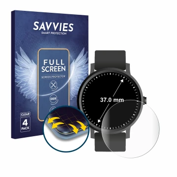Face avant d’un emballage produit avec le logo de la marque Savvies. À côté, l’appareil Circulaire Displays (ø: 37 mm) est rep