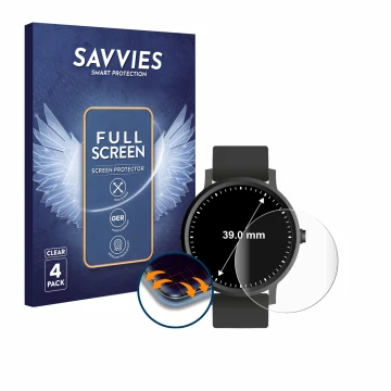Face avant d’un emballage produit avec le logo de la marque Savvies. À côté, l’appareil Circulaire Displays (ø: 39 mm) est rep