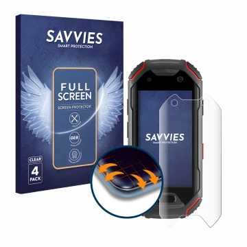 Face avant d’un emballage produit avec le logo de la marque Savvies. À côté, l’appareil Unihertz Atom est représenté avec la p