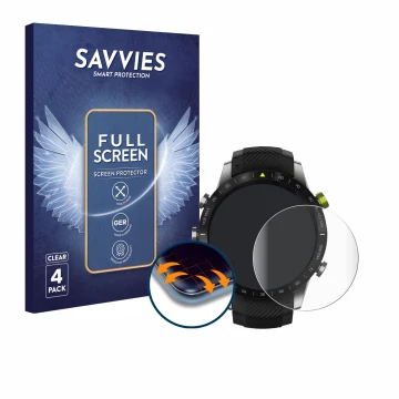 Face avant d’un emballage produit avec le logo de la marque Savvies. À côté, l’appareil Garmin Marq Athlete est représenté ave